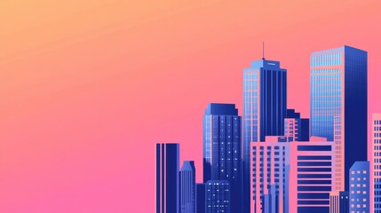 Obraz premium A vibrant city skyline at sunset, showcasing modern skyscrapers against a gradient pink and orange sky.