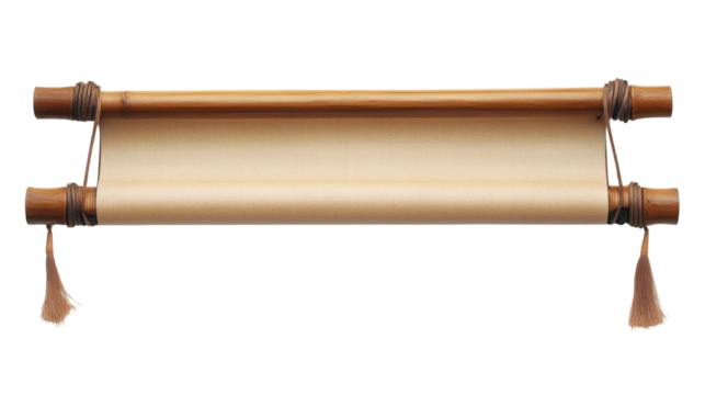 Traditional Asian and Chinese-Style Empty Scroll with Wooden Rods Isolated on White Background