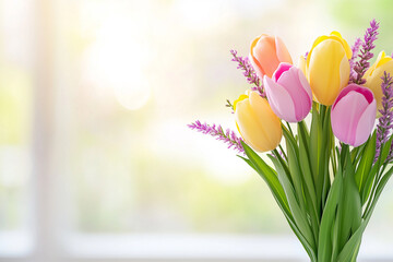 Pastel tulip bouquet with lavender stems in soft sunlight, bright artificial floral arrangement in spring colors against blurred window background