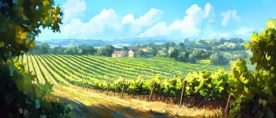 Scenic Vineyard Landscape Under Bright Blue Sky with Clouds