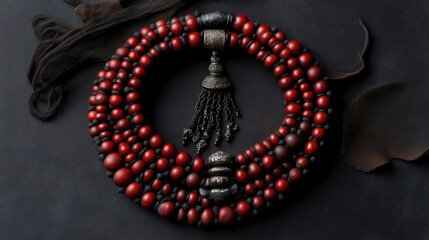 Fototapeta premium Intricate layered necklace of red and dark stones, featuring metal accents and tassel