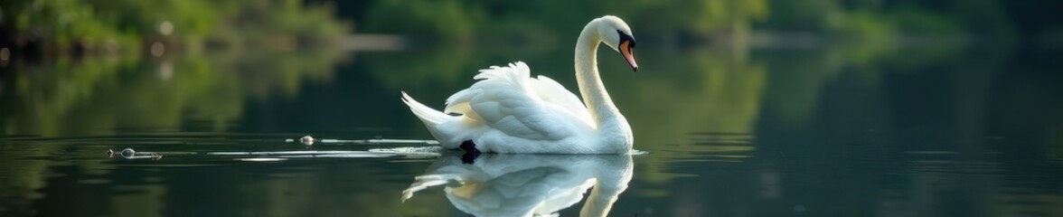 Fototapeta premium Majestic swan floats, mirrored image in still water , avian, nature