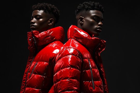 High fashion editorial with two male models in glossy red moncler puffer jackets on black background