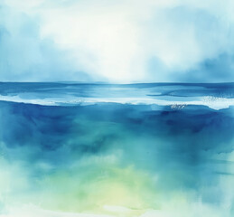 Naklejka premium Minimalist Abstract Watercolor Painting of Light Blue and Teal Sea and Sky