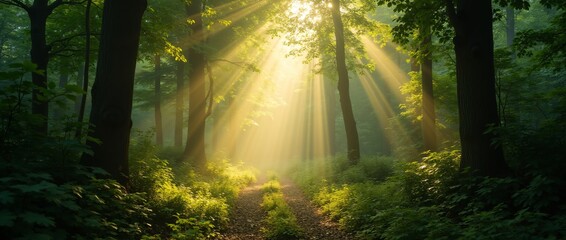 Obraz premium Sun rays breaking through the dense foliage of a green forest