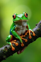 Fototapeta premium Frog perched on a tree branch, branch, foliage