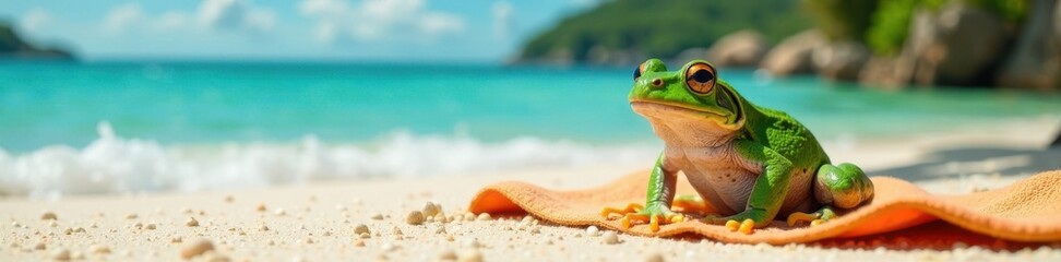 Obraz premium Frog sitting on a beach towel, outdoors, amphibian