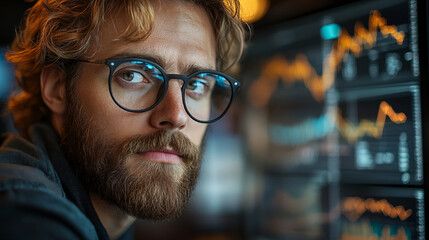 Bearded man with glasses analyzing financial charts and data visualizations on digital screens. Investment professional working with market analytics for trading strategy development