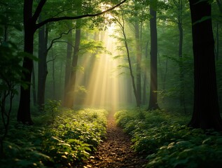 Fototapeta premium Sun rays breaking through the dense foliage of a green forest