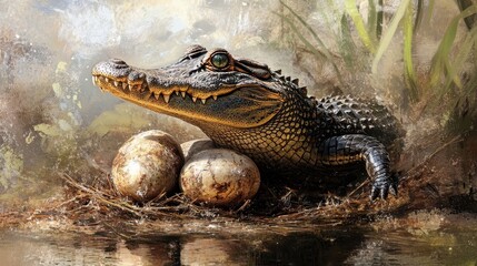 alligator protecting nest of eggs