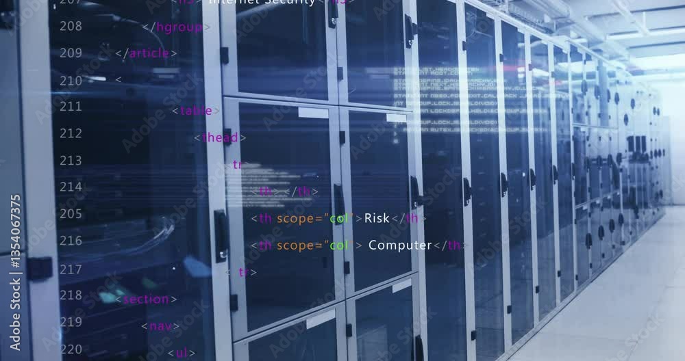 Poster animation of computer code overlaying server racks in data center environment