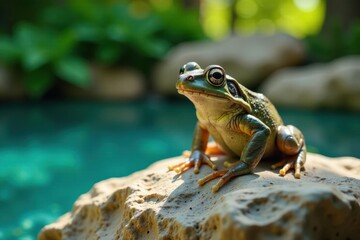 Fototapeta premium Frog sitting on a rock by the pool, serenity, water features