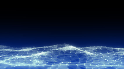 Blue wave with motion dots and lines. Abstract digital background. Concept connection big data. Futuristic technology backdrop. 3D rendering.