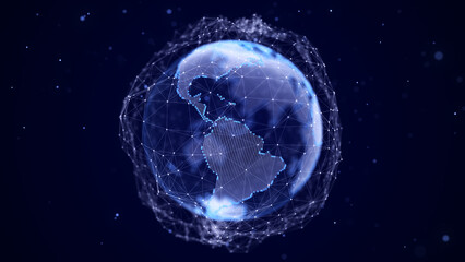 Abstract sci-fi planet Earth with particles and lines. Technology network connection on world. Global digital connections ai. 3D virtual wireframe geometric sphere. 3D rendering.