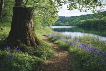 Obraz premium Cinematic forest trail leading to ancient tree stump surrounded by bluebells and lush foliage