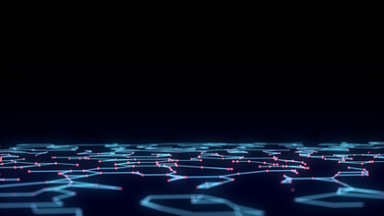Abstract technology perspective grid. Detailed wireframe landscape with lines on black background. Digital space with mesh. Concept connection big data. Futuristic technology backdrop. 3D rendering.