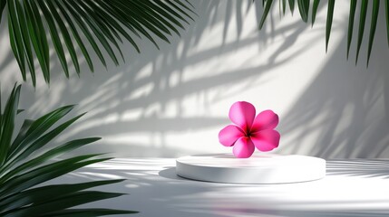 Obraz premium Pink flower on white podium, tropical leaves, shadows. Use Product display, beauty, cosmetics