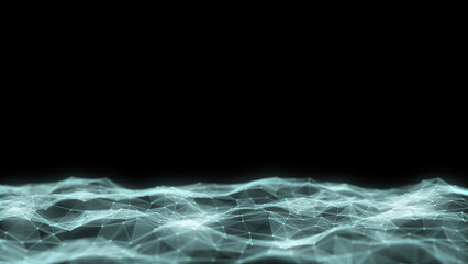 White wave with motion dots and lines. Abstract digital background. Concept connection big data. Futuristic technology backdrop. 3D rendering.