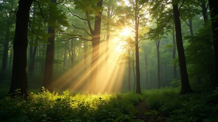 Obraz premium Sun rays breaking through the dense foliage of a green forest