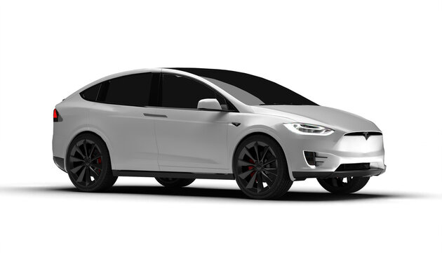 Transparent background, full right-side view of white Tesla Model X displaying its aerodynamic profile, innovative electric design, and luxury styling in a high-quality 3D render.