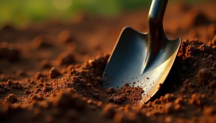 Shiny shovel partially buried in rich brown soil, cultivation, landscape, dirt
