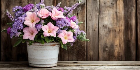 A beautiful floral arrangement rests on a wooden surface