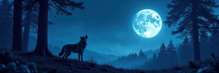 Moonlit forest landscape with a lone wolf howling at the sky, howling wolf, wild