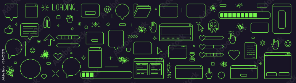 Fototapete pixel art retro windows interface. 8 bit text boxes with loading, cursors, arrow. green stroke conso