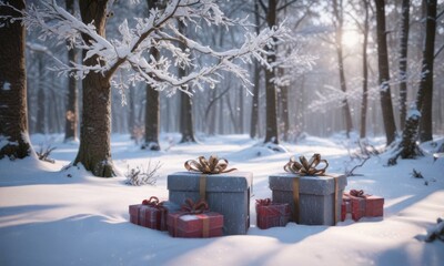 Frozen forest scene with gift boxes and branches in snow, frosty landscape, evergreen branches