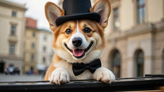 Happy corgi wearing a black top hat and bow tie at a city street in daytime with a cheerful expression and charming demeanor