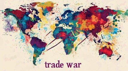 Fototapeta premium A Colorful Watercolor World Map Depicting Global Trade Wars and International Conflicts