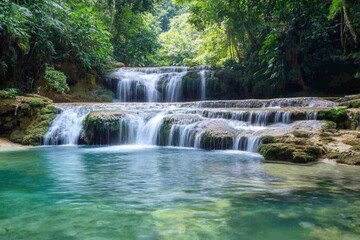 Obraz premium Serene waterfall cascading into a tranquil pool in a lush tropical forest