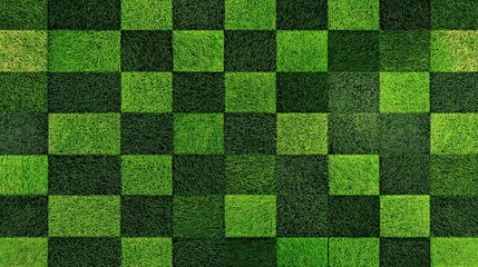 Fototapeta premium Seamless texture of green soccer grass with a checkered pattern, top view. Football field background for sports and sportswear design. Digital illustration.