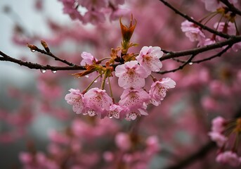 Cherry Blossom Branch Displaying Delicate Pink Flowers After Rain in Spring