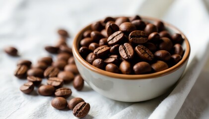 Roasted coffee beans in a bowl on white tablecloth, bowl, brown