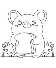coloring book piglet holds a slice of toast among blooming flowers. Fun line art for coloring