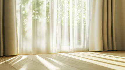 Soft sunlight filters through sheer curtains, casting gentle shadows on wooden floor, creating serene and tranquil atmosphere