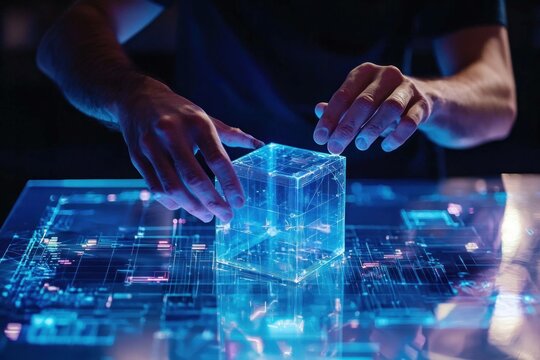 Hands manipulating a glowing holographic cube on a futuristic digital interface, representing technology, innovation, and creativity in a modern workspace