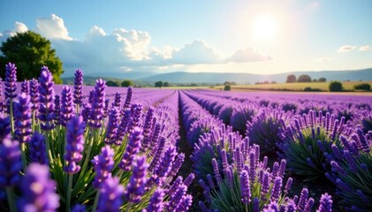 Obraz premium Gentle lavender fields under sunshine , calm, meadow