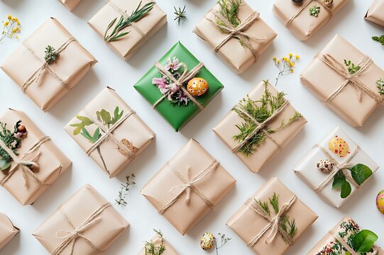 Flat lay of brown and green presents with string and natural embellishments on white surface
