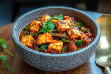 Kadhai Paneer in a Stoneware Bowl with Vibrant Tomato Gravy and Stir-Fried Peppers
