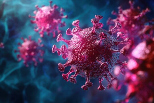 Vibrant depiction of coronavirus cells in a biologically inspired environment