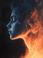 Woman with eyes closed; vibrant fiery energy emanates from her dark hair