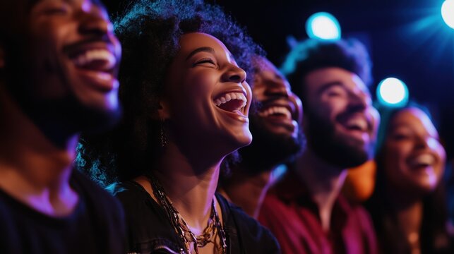 People enjoying laughter during a comedy show with vibrant stage lighting creating a joyful atmosphere among diverse attendees