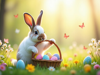 Conejo de Pascua recolectando huevos en un campo soleado: Celebraci&oacute;n primaveral