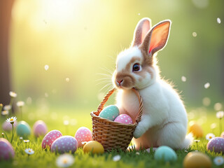 Magia de Pascua: Conejo y huevos decorados en un campo lleno de flores