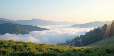 Obraz premium Soft white fog rolls in slowly across a serene landscape, fog, landscape, atmosphere