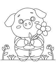 Coloring book Pig holding a flower. Sweet line art for creative coloring