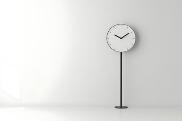 Clock on floor standing against wall. Minimalist, for time management promotion