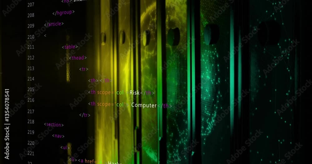 Poster in school, animation of computer code on globe with server racks for cybersecurity